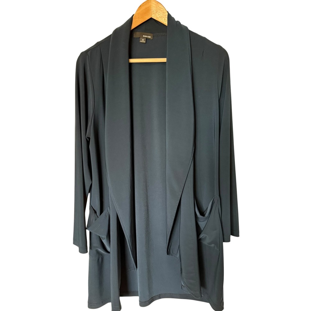 Sun Kim Cardigan Women Medium Navy Blue Excellent Open Front Shawl Collar SK137